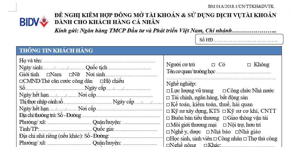 Mẫu Giấy Đăng Ký Mở Tài Khoản Ngân Hàng Bidv Mới Nhất