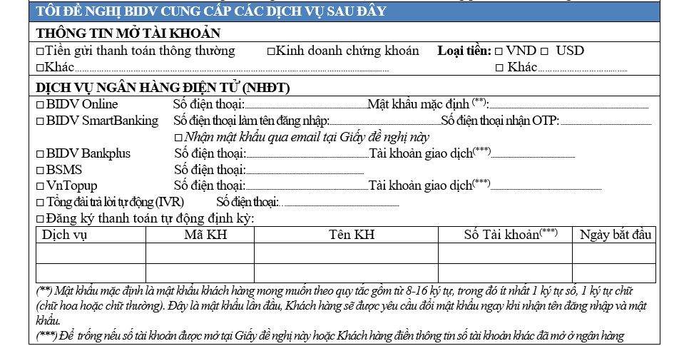 Thông tin mở tài khoản BIDV