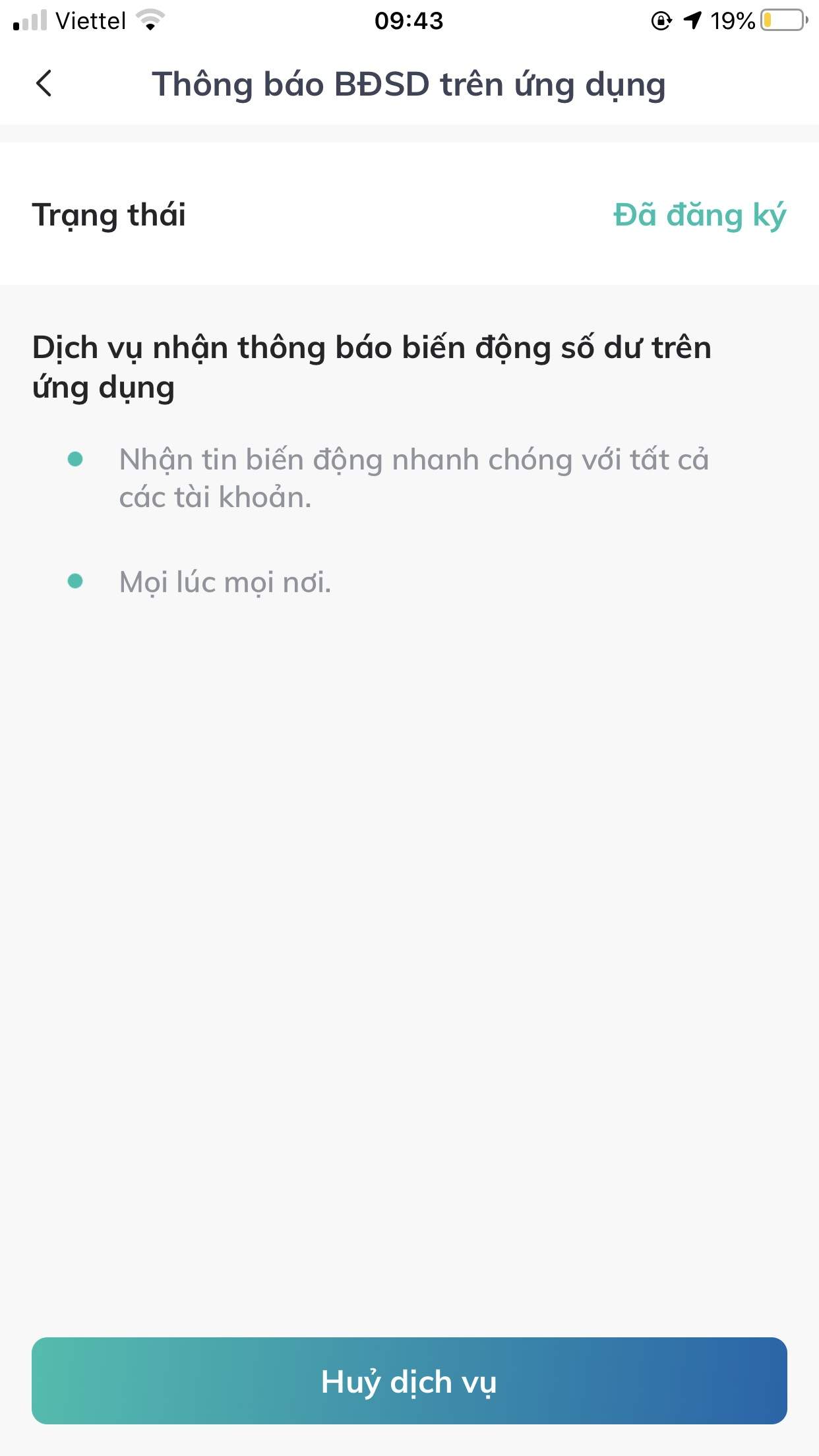 Chọn đăng ký/hủy dịch vụ