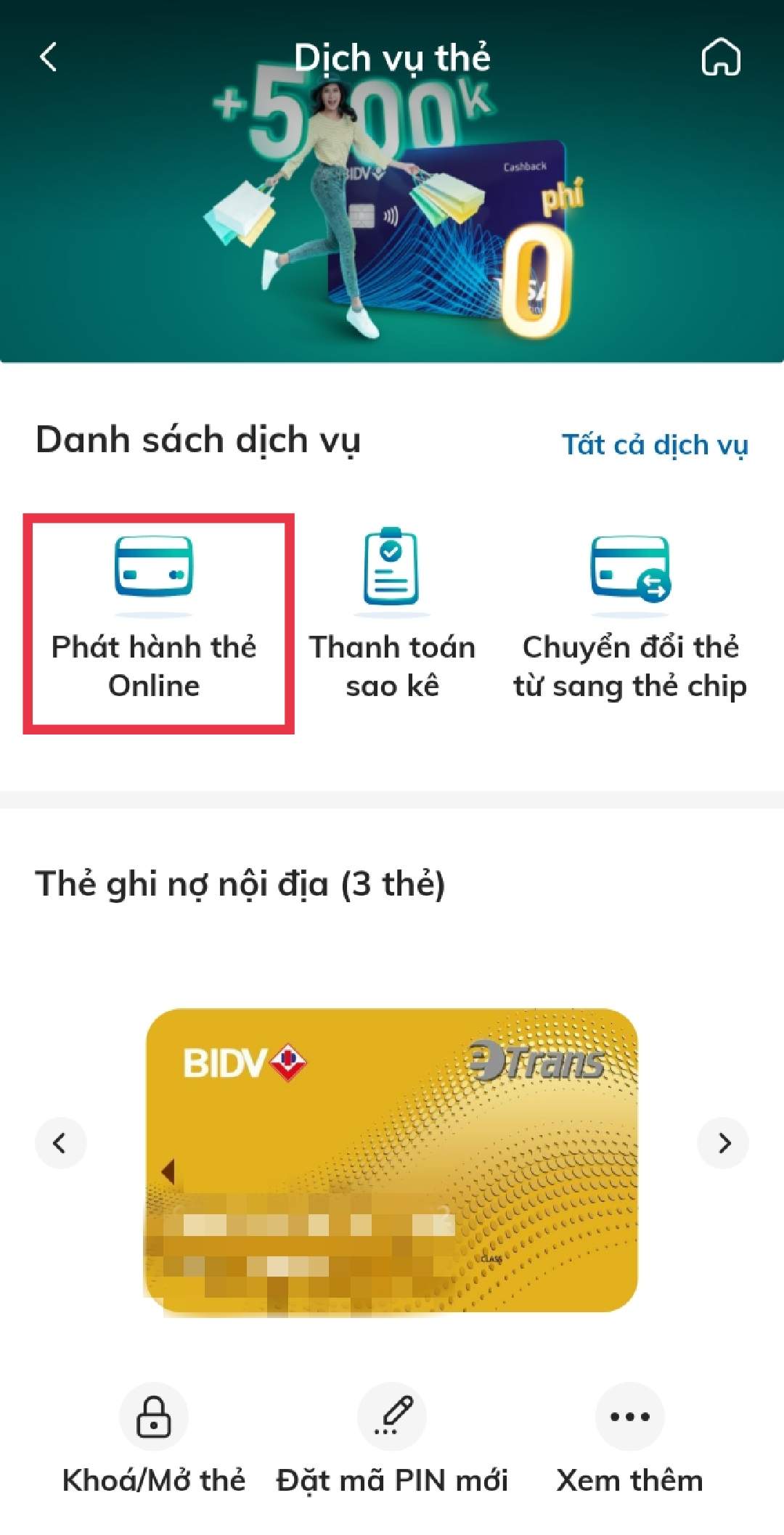 Đăng ký làm thẻ ATM BIDV qua ứng dụng BIDV Smart Banking bước 2