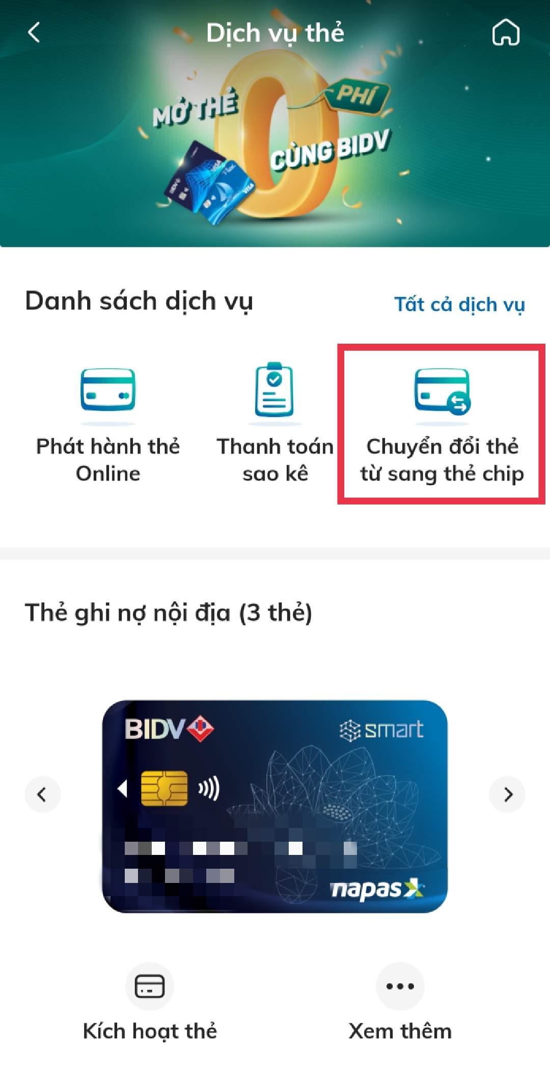 Đổi thẻ BIDV gắn chip Online bước 2