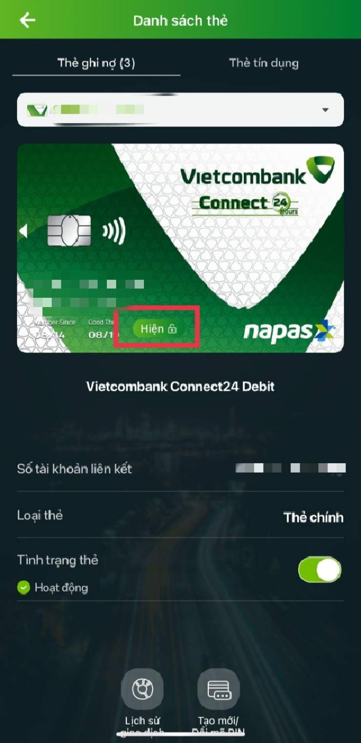 Kiểm tra số thẻ trên ứng dụng VCB Digibank bước 3