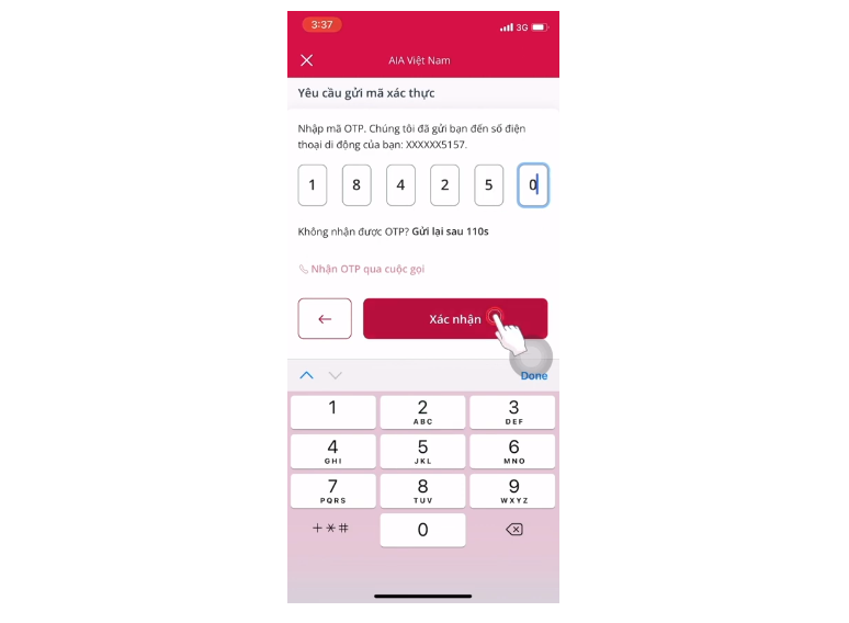 Nhập mã xác nhận rút tiền bảo hiểm AIA