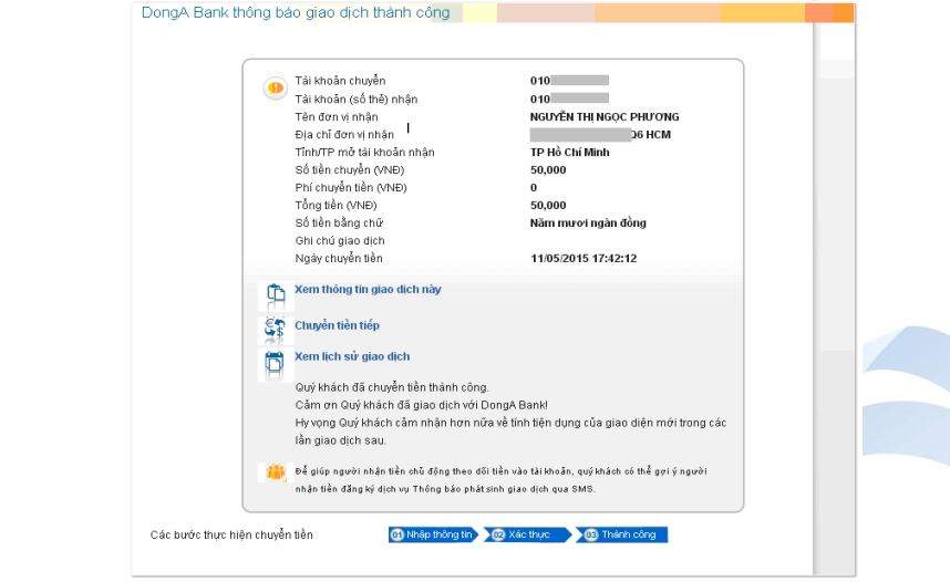 Giao dịch chuyển khoản thành công