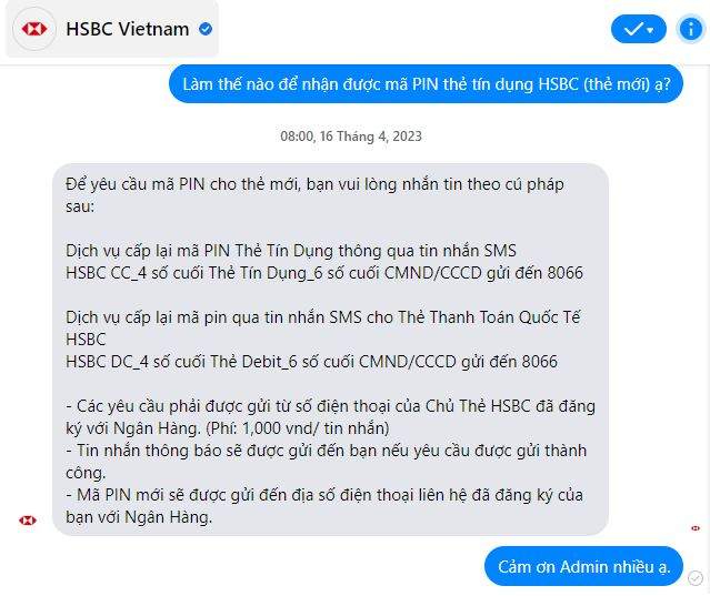 Nhận mã PIN HSBC qua tin nhắn SMS