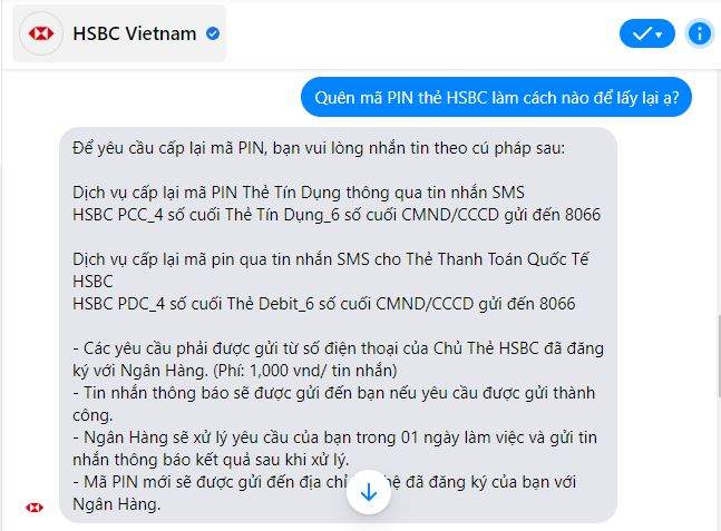 Lấy lại mã PIN HSBC qua tin nhắn