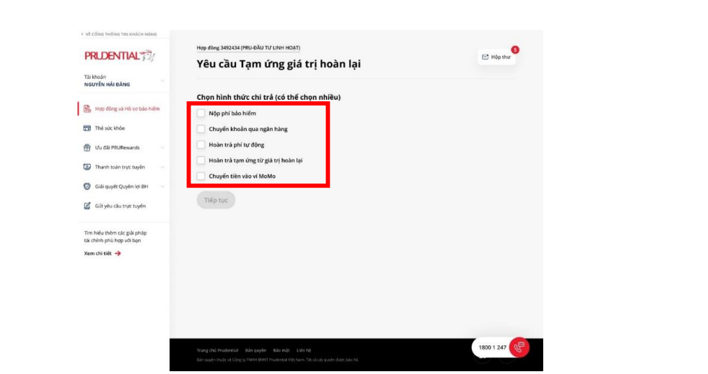 Chọn hình thức yêu cầu tạm hoãn hợp đồng Prudential 