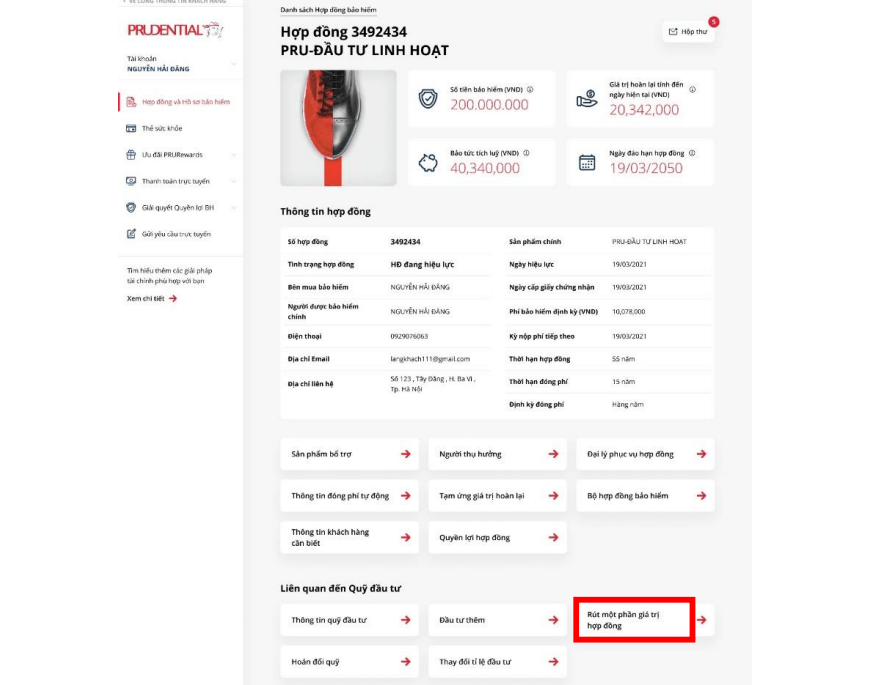 Chọn rút một phần giá trị hợp đồng bảo hiểm Prudential