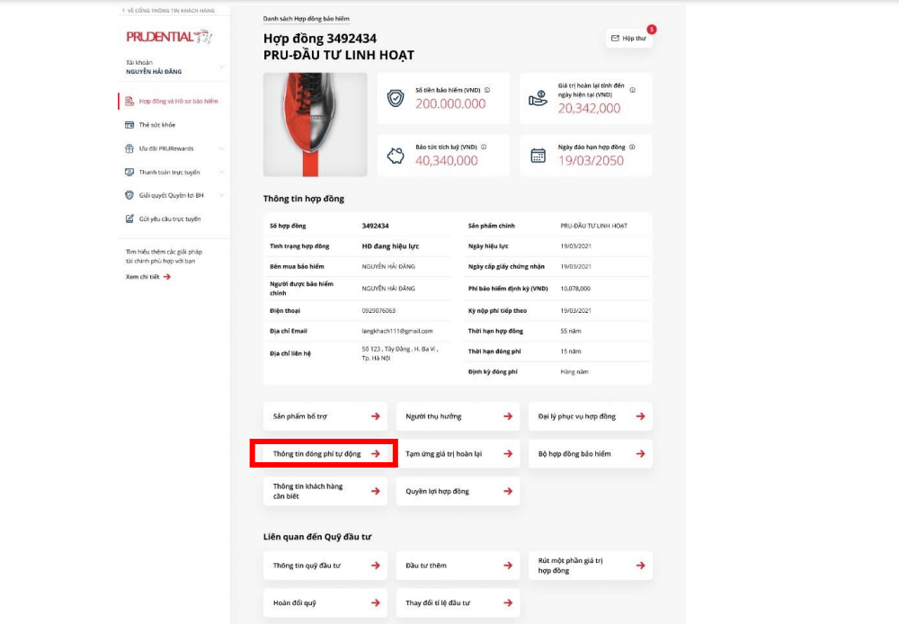 Chọn thông tin đóng phí tự động Prudential 