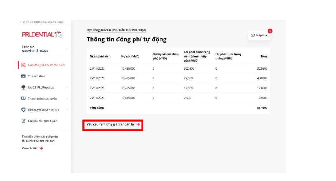 Chọn yêu cầu tạm ứng giá trị hoàn lại Prudential 