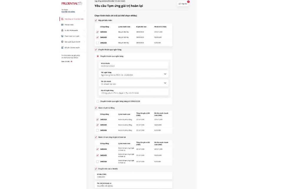 Điền thông tin yêu cầu tạm ứng giá trị hoàn lại Prudential 