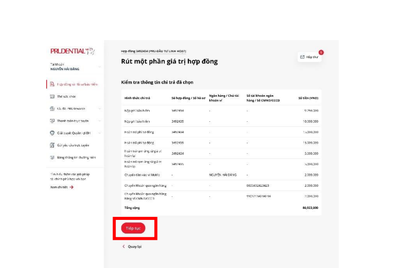 Kiểm tra thông tin rút một phần giá trị hợp đồng Prudential