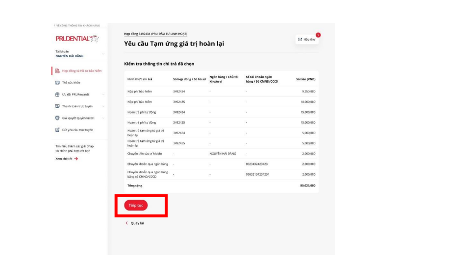 Kiểm tra thông tin yêu cầu tạm ứng tiền bảo hiểm Prudential