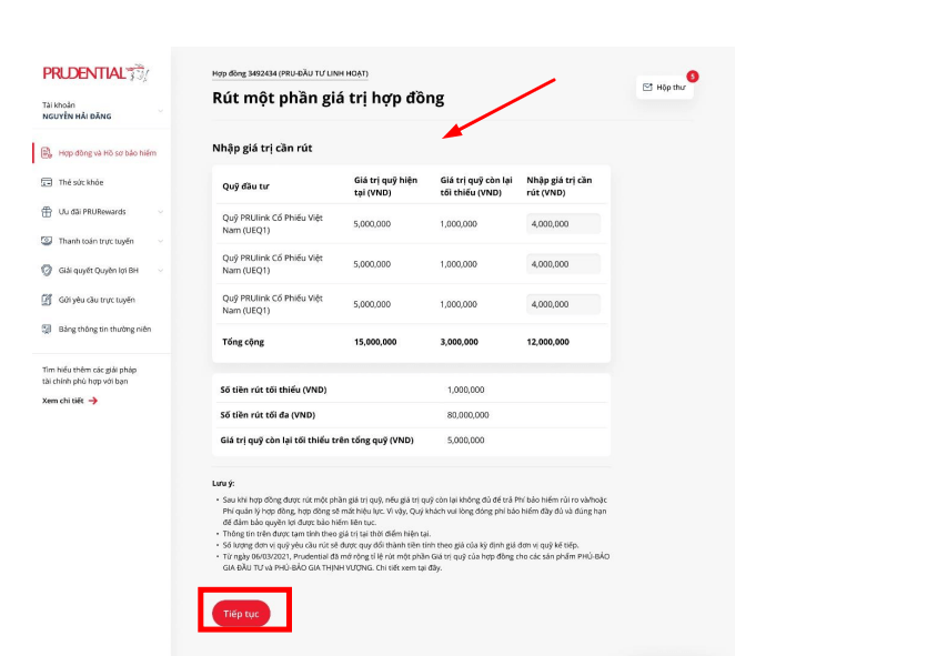 Nhập giá trị cần rút bảo hiểm ILP Prudential