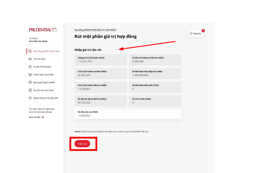 Nhập giá trị cần rút bảo hiểm ULP Prudential