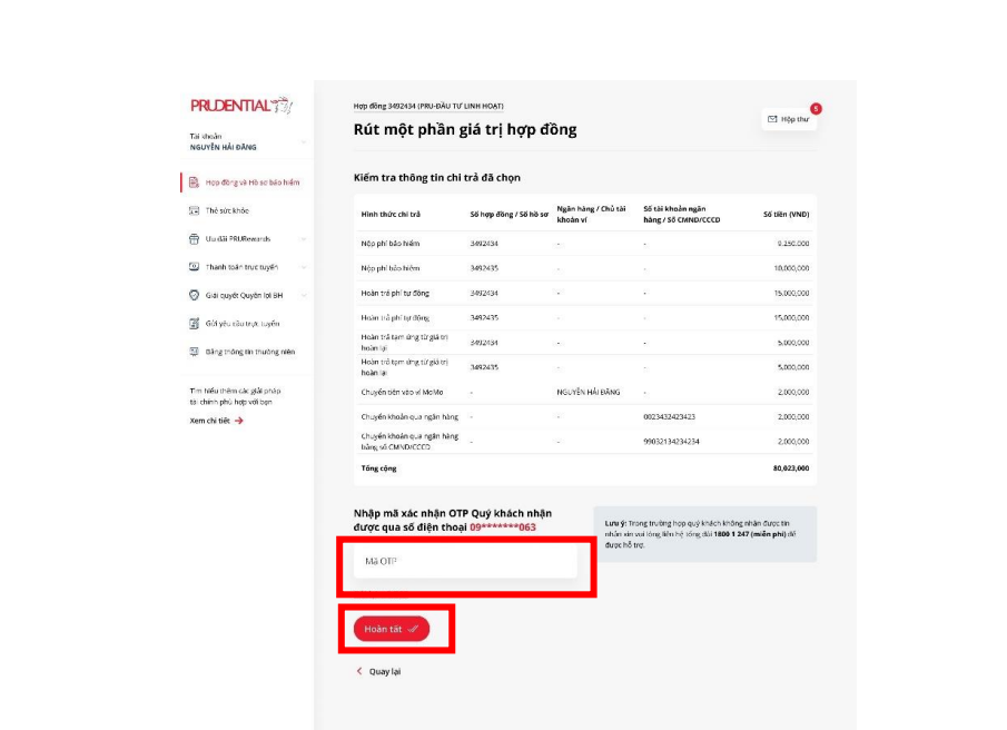 Nhập mã OTP xác nhận rút một phần giá trị hợp đồng Prudential 