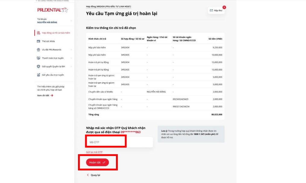Nhập mã OTP xác nhận yêu cầu tạm ứng tiền bảo hiểm Prudential