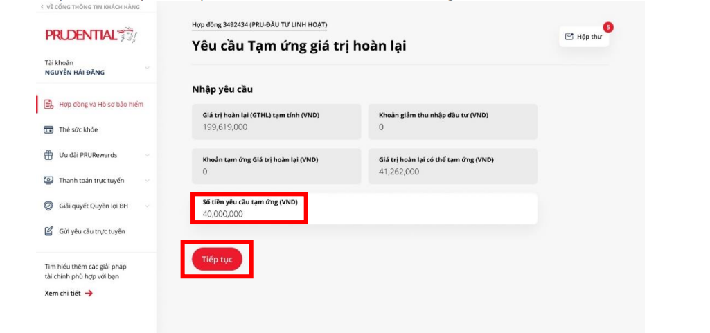 Nhập số tiền yêu cầu tạm ứng Prudential
