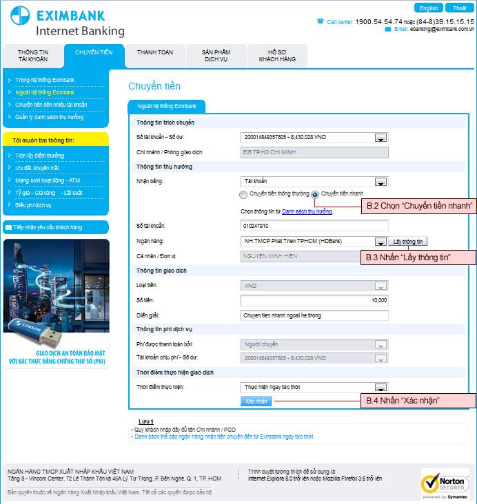 Hướng dẫn chuyển tiền nhanh trên Internet Banking Eximbank bước 1