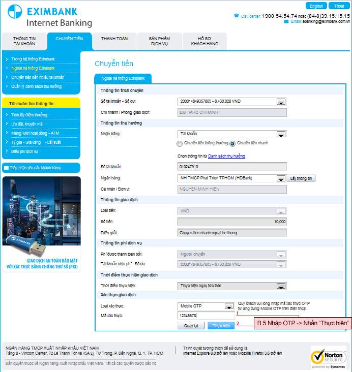 Hướng dẫn chuyển tiền nhanh trên Internet Banking Eximbank bước 2