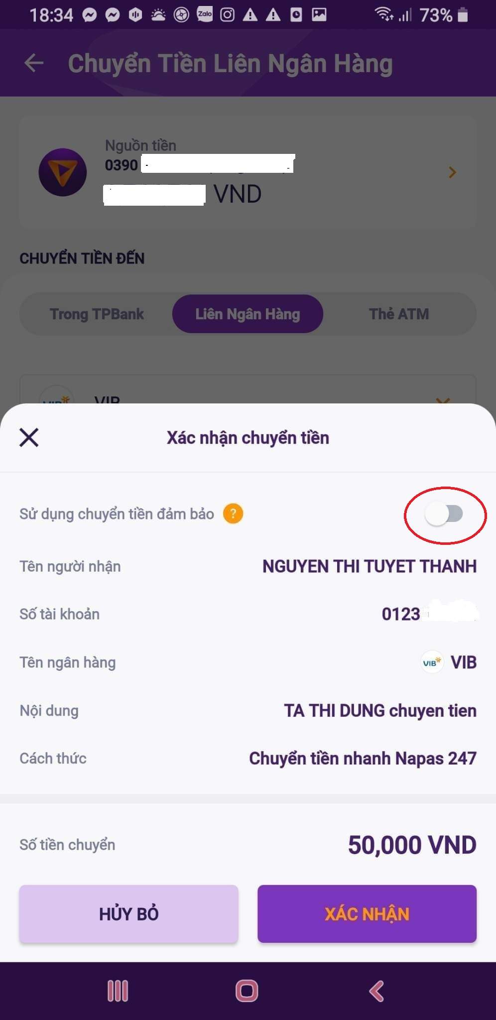 Tích chọn “Sử dụng chuyển tiền đảm bảo”