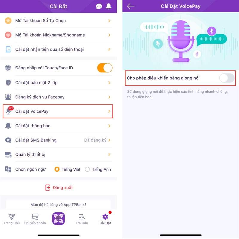Cách chuyển tiền bằng giọng nói trên App TPBank bước 2