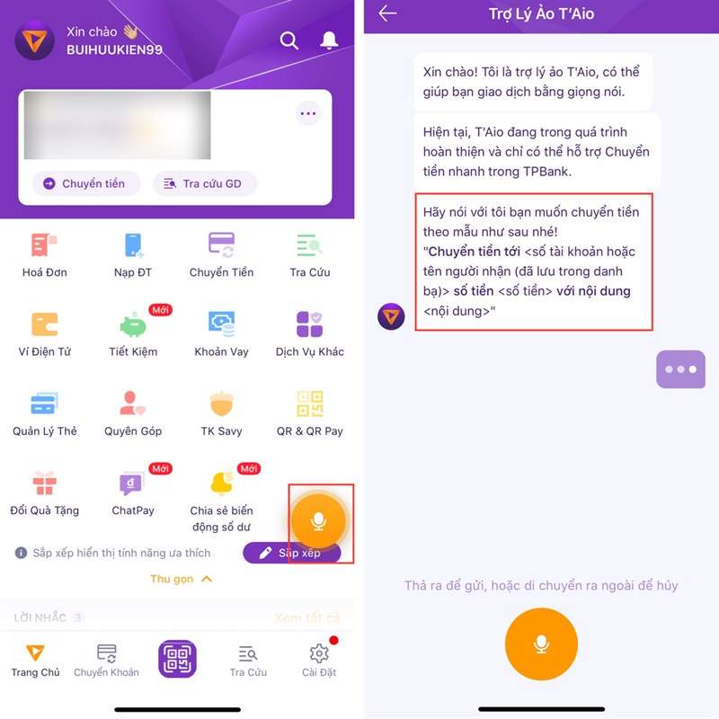 Cách chuyển tiền bằng giọng nói trên App TPBank bước 4