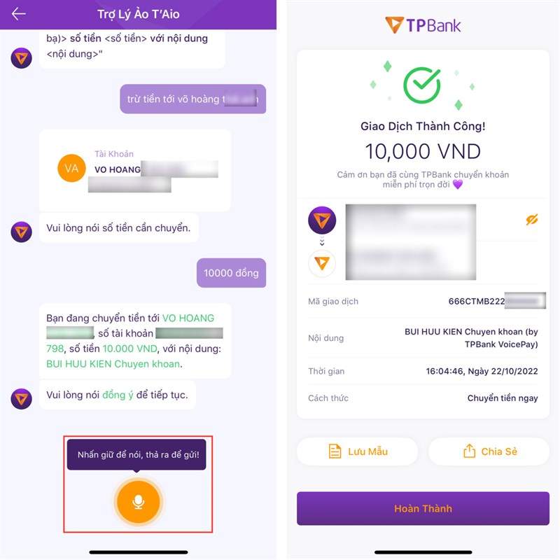 Cách chuyển tiền bằng giọng nói trên App TPBank bước 5