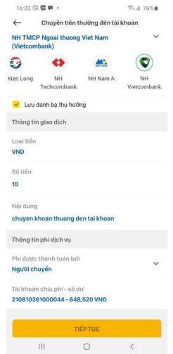 Điền thông tin để chuyển tiền