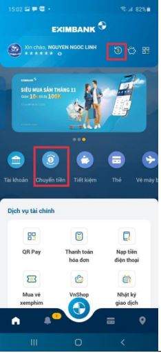 Chọn Chuyển tiền tại màn hình chính