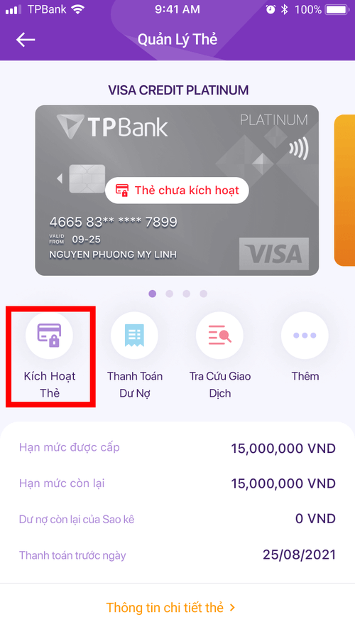 Cách kích hoạt thẻ TPBank EVO bước 3