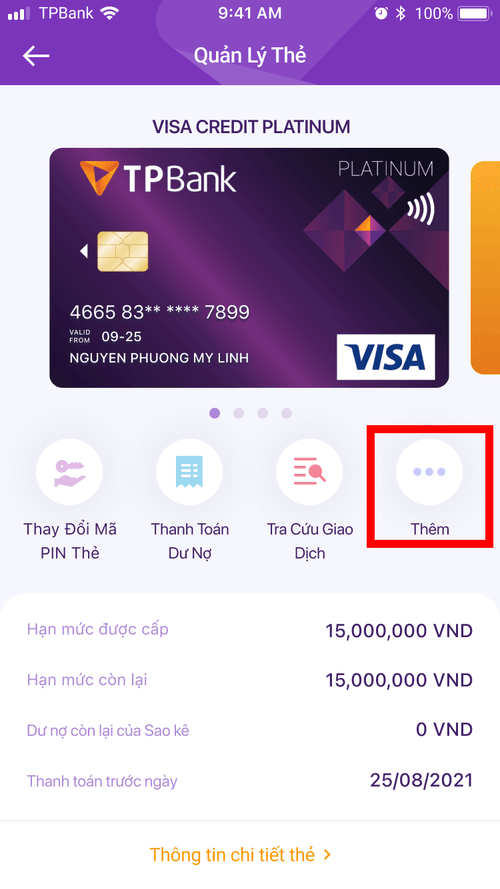 Thay đổi hạn mức thẻ tín dụng TPBank EVO bước 2