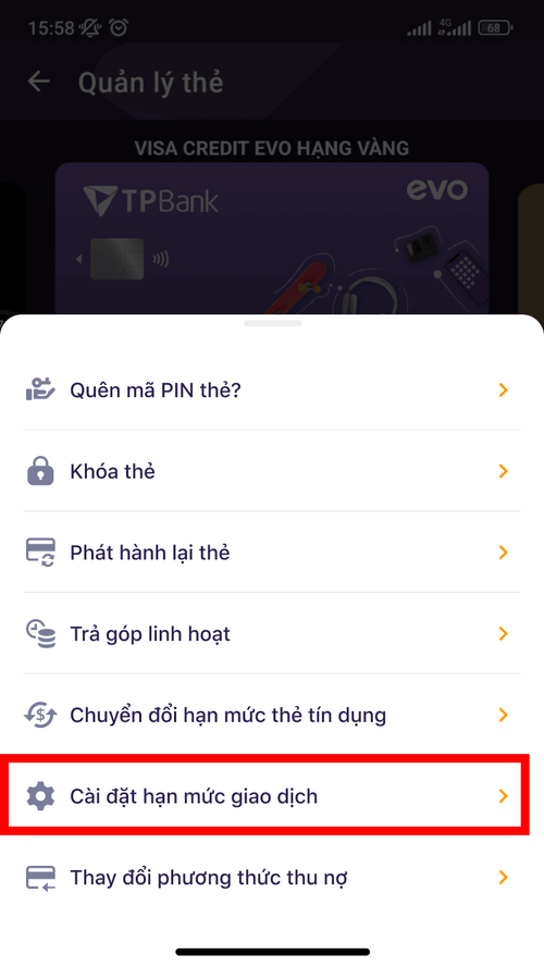Thay đổi hạn mức thẻ tín dụng TPBank EVO bước 3