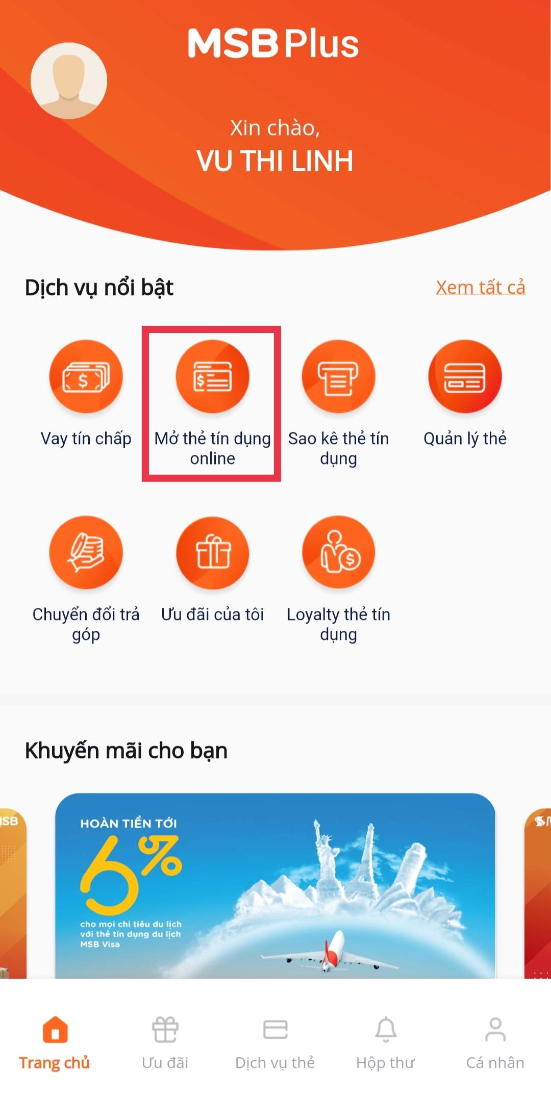 Mở thẻ tín dụng Online trên MSB Plus bước 1