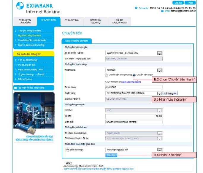 Chuyển tiền qua Internet Banking Eximbank bước 1