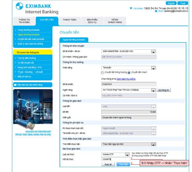 Chuyển tiền qua Internet Banking Eximbank bước 2