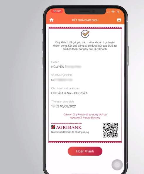 Giao diện đăng ký mở tài khoản Agribank Online thành công