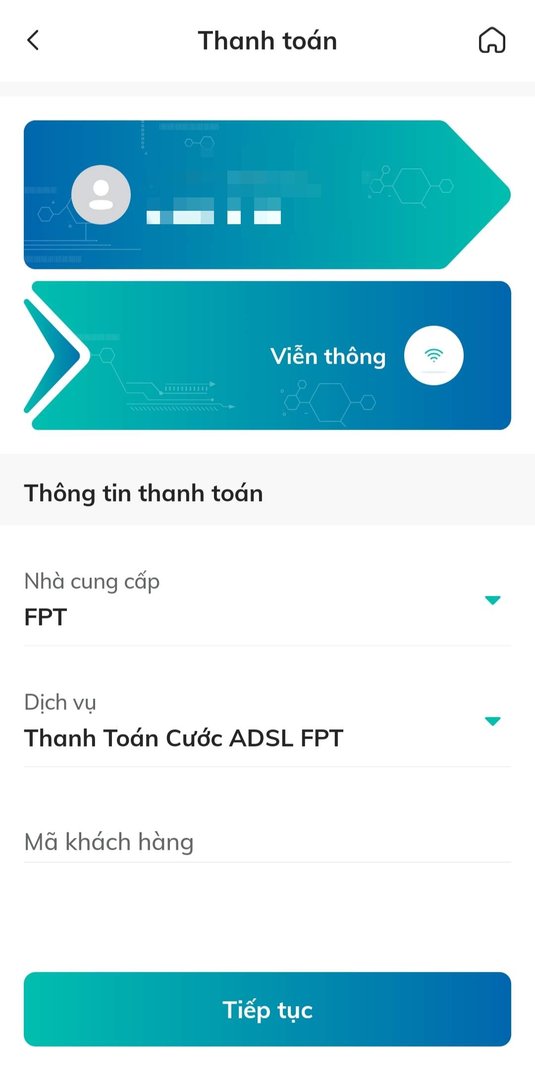 Điền các thông tin theo yêu cầu bao gồm: Nhà cung cấp, dịch vụ, mã khách hàng