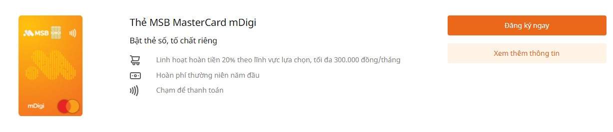 Lựa chọn dòng thẻ tín dụng mdigi MSB và bấm chọn "Đăng ký ngay"