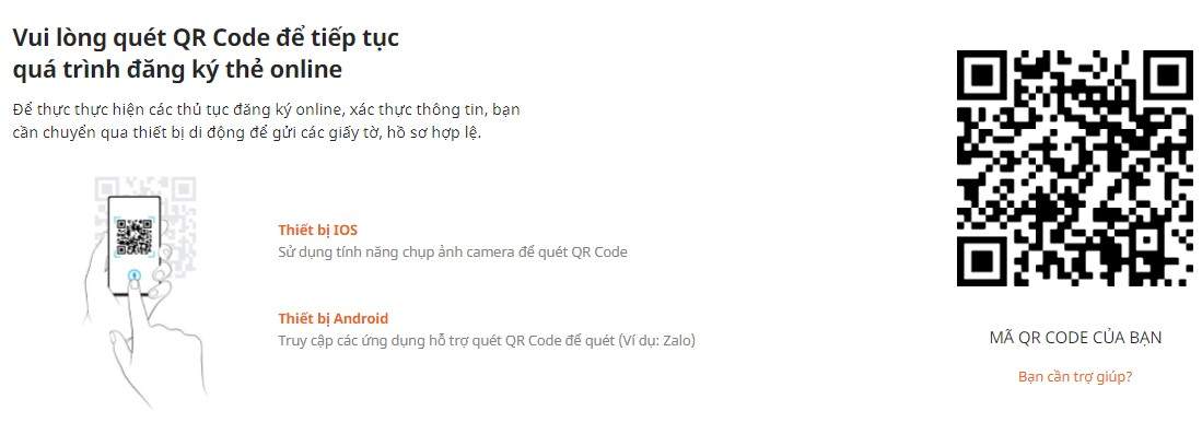 quét mã QR trên thiết bị điện thoại di động để tiếp tục quá trình đăng ký mở thẻ Online