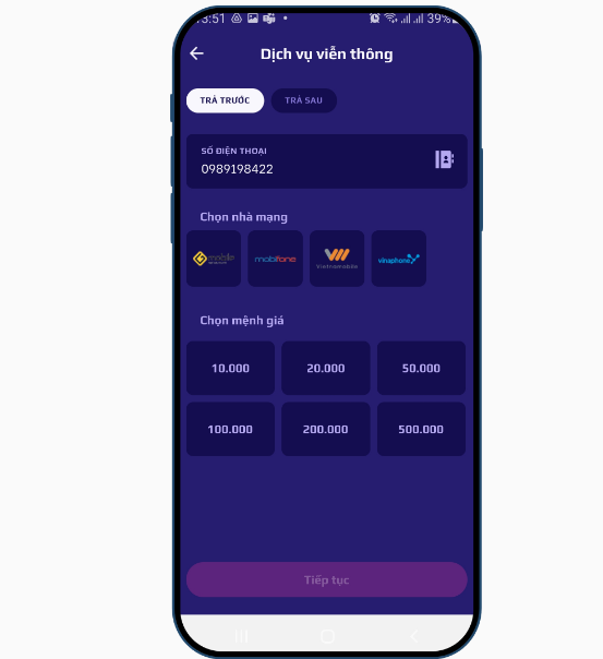 Lựa chọn nhà mạng và mệnh giá tiền cần nạp