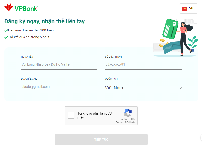 Đăng ký mở thẻ tín dụng VPBank Online trên Website
