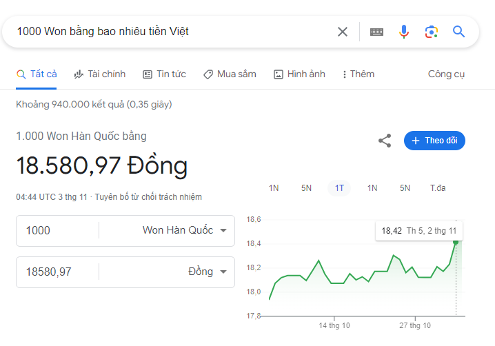 Minh họa cách tra cứu tỷ giá giữa tiền Won sang tiền Việt bằng Google