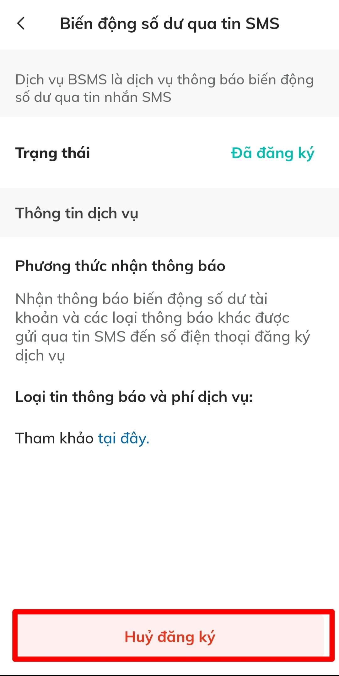 Hủy BSMS BIDV bước 3