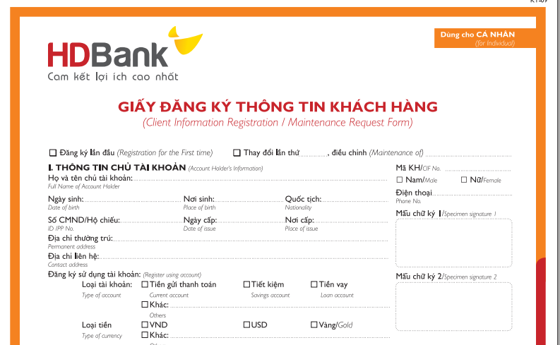 Mẫu đơn đăng kí thông tin để mở thẻ của HDBank